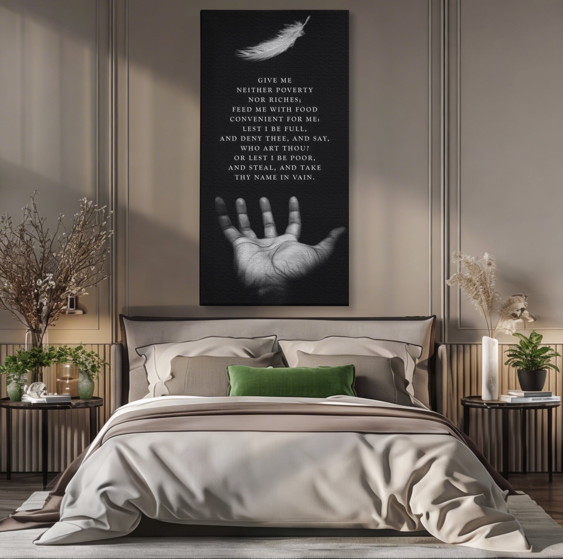 Tablou canvas cu tablou canvas cu pana si palma, fara rama, pe sasiu de lemn, pe perete intr-un dormitor